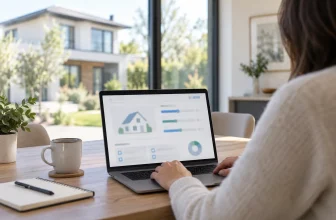 Une adulte consulte un simulateur immobilier générique près d’une maison.