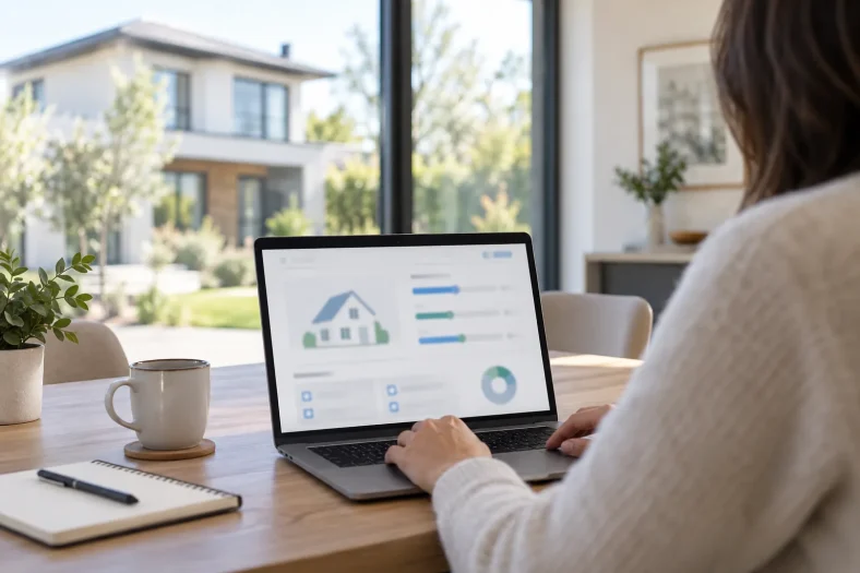 Une adulte consulte un simulateur immobilier générique près d’une maison.