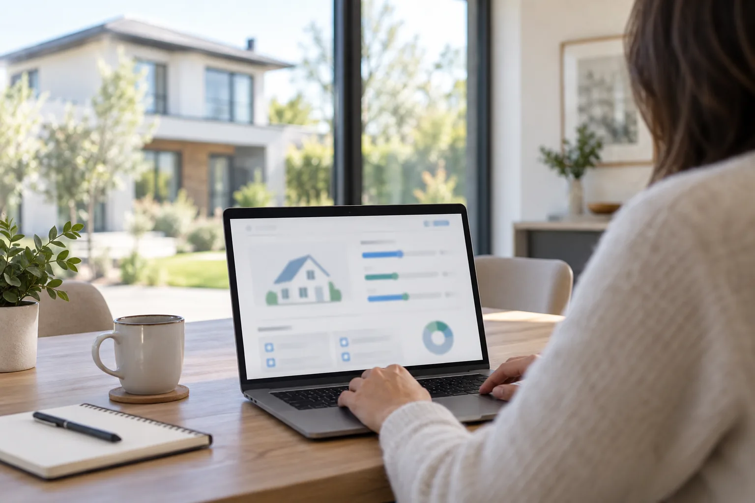 Une personne consulte un tableau de bord immobilier générique sur un ordinateur devant un immeuble résidentiel.