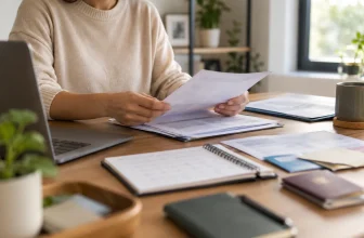 Une adulte organise des documents de résidence floutés près d’un calendrier.