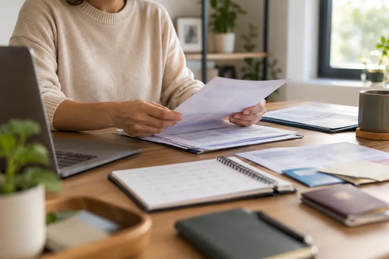 Une adulte organise des documents de résidence floutés près d’un calendrier.