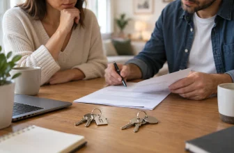 Deux adultes examinent un contrat de location générique avec deux jeux de clés.