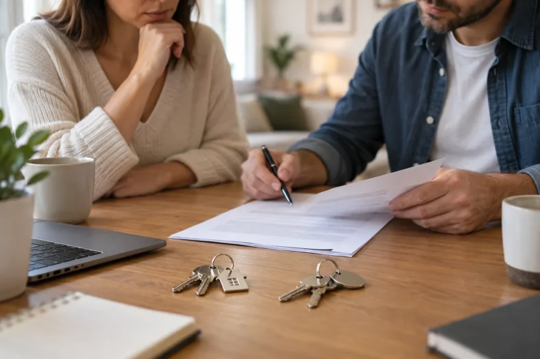 Deux adultes examinent un contrat de location générique avec deux jeux de clés.