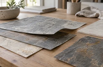 Des échantillons de feuille de pierre montrent leurs bords et une usure légère.