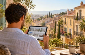 Un investisseur consulte des annonces immobilières floutées devant une ville méditerranéenne.