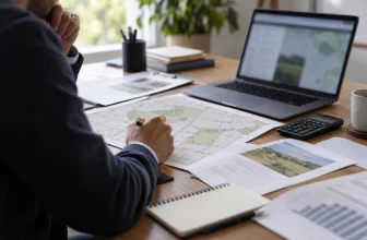 Un investisseur analyse des documents fonciers génériques avec une calculatrice.