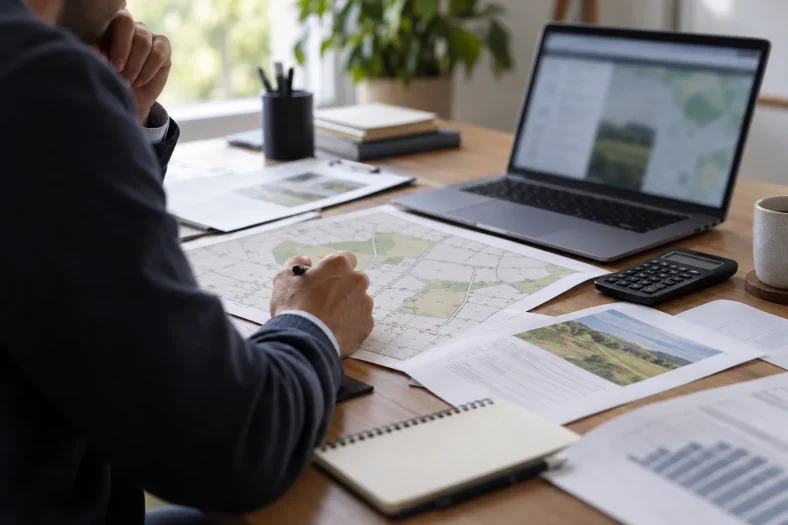 Un investisseur analyse des documents fonciers génériques avec une calculatrice.