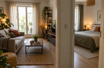 Un appartement générique réunit un salon et une chambre dans deux pièces séparées.