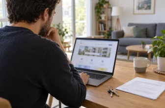 Un locataire consulte un portail générique flouté près de clés et d’un document neutre.