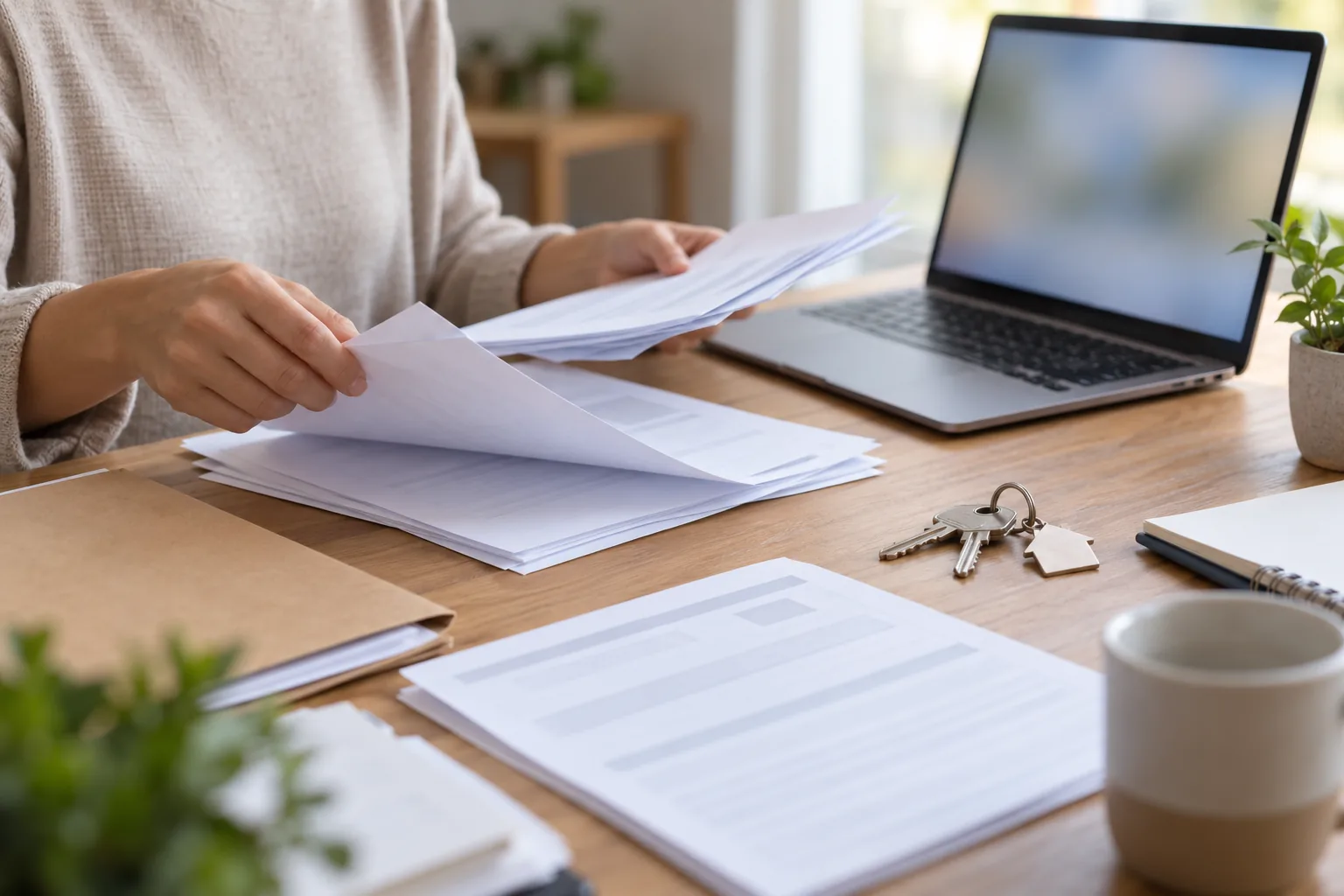 Une personne classe des documents génériques près d’un ordinateur à l’écran flouté.