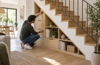 Un homme mesure des rangements intégrés installés sous un escalier contemporain.