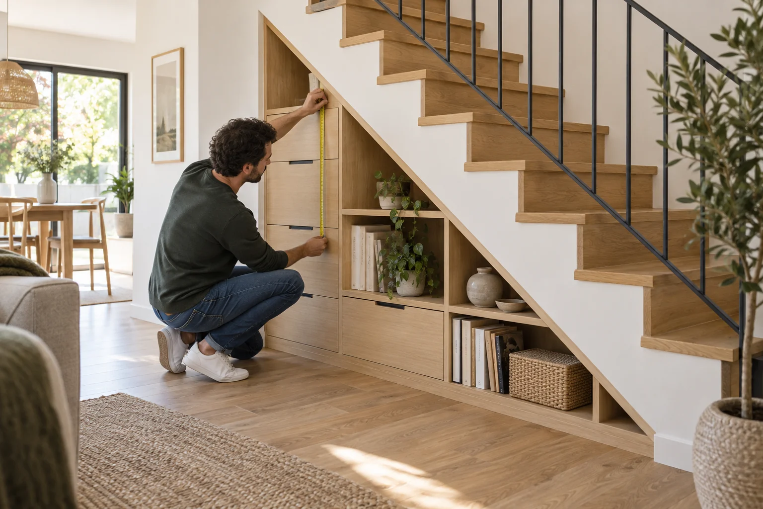 Un homme mesure des rangements intégrés installés sous un escalier contemporain.