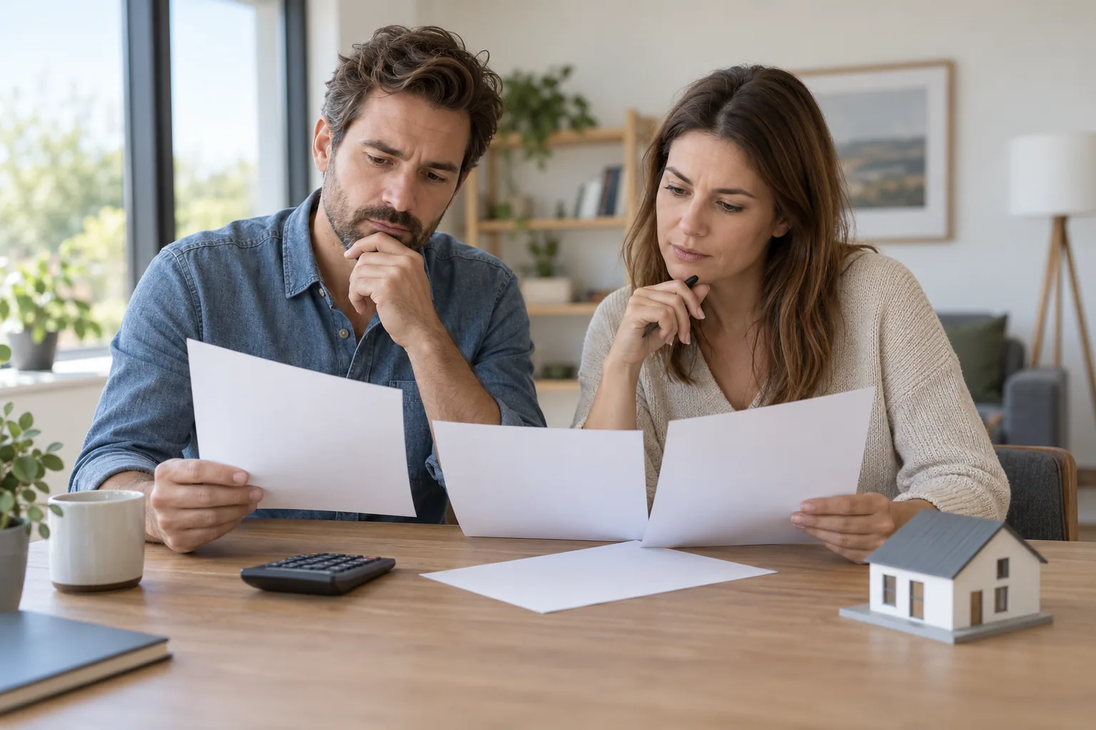 Deux adultes comparent des feuilles vierges près d’une calculatrice et d’une maquette de maison.