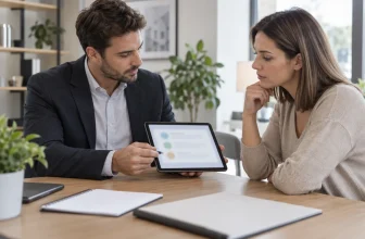 Un conseiller immobilier générique consulte des avis floutés avec une cliente dans un bureau neutre.