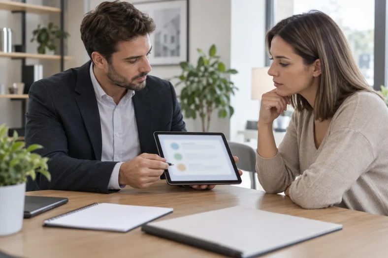 Un conseiller immobilier générique consulte des avis floutés avec une cliente dans un bureau neutre.