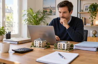 Un propriétaire organise deux dossiers de logements devant un ordinateur et une calculatrice.