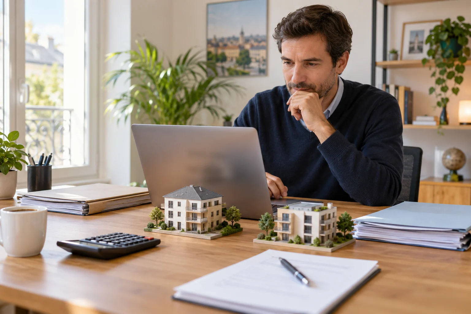 Un propriétaire organise deux dossiers de logements devant un ordinateur et une calculatrice.