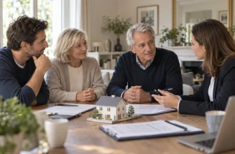 Une famille adulte discute de transmission immobilière autour d’une maquette de maison et de documents génériques.