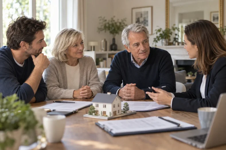 Une famille adulte discute de transmission immobilière autour d’une maquette de maison et de documents génériques.