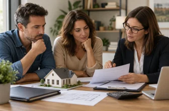 Des associés examinent des documents de vente immobilière avec une professionnelle.