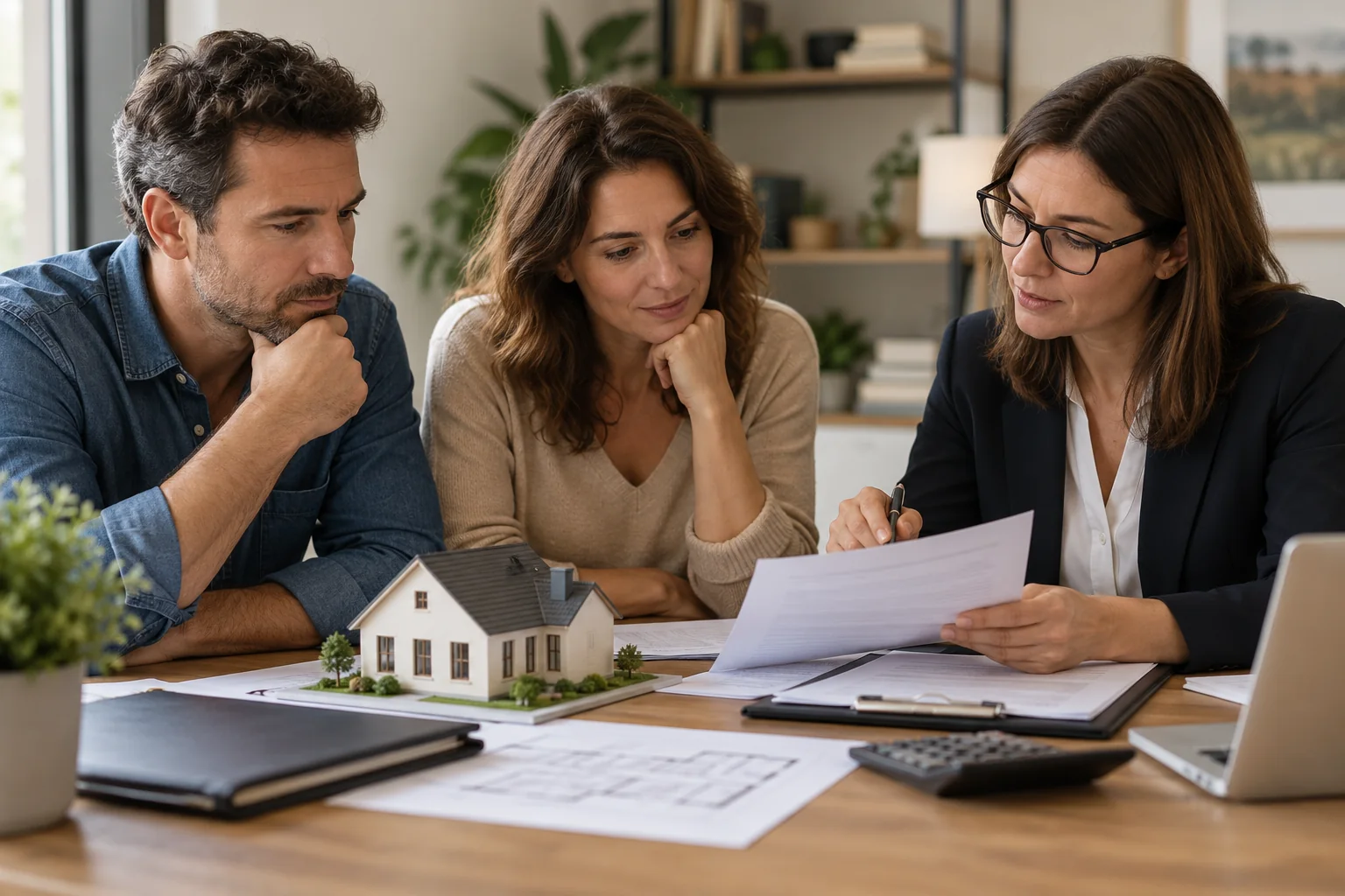 Des associés examinent des documents de vente immobilière avec une professionnelle.