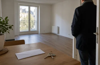 Un propriétaire prudent observe un appartement locatif vide, avec une enveloppe non ouverte et des clés posées.