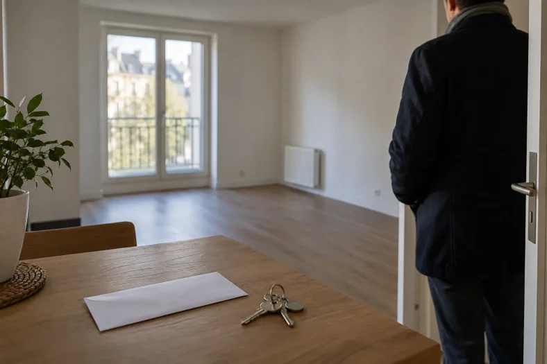 Un propriétaire prudent observe un appartement locatif vide, avec une enveloppe non ouverte et des clés posées.