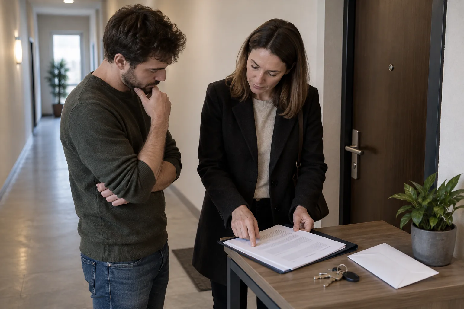 Un propriétaire et une professionnelle examinent un dossier de bail générique, une enveloppe et des clés sans entrer dans le logement.