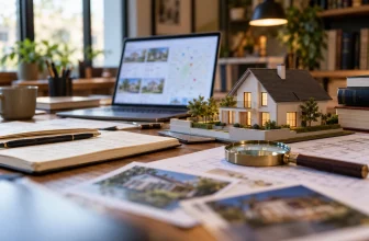 Un bureau de recherche rassemble plans, ordinateur et maquette de maison sans personne identifiable.