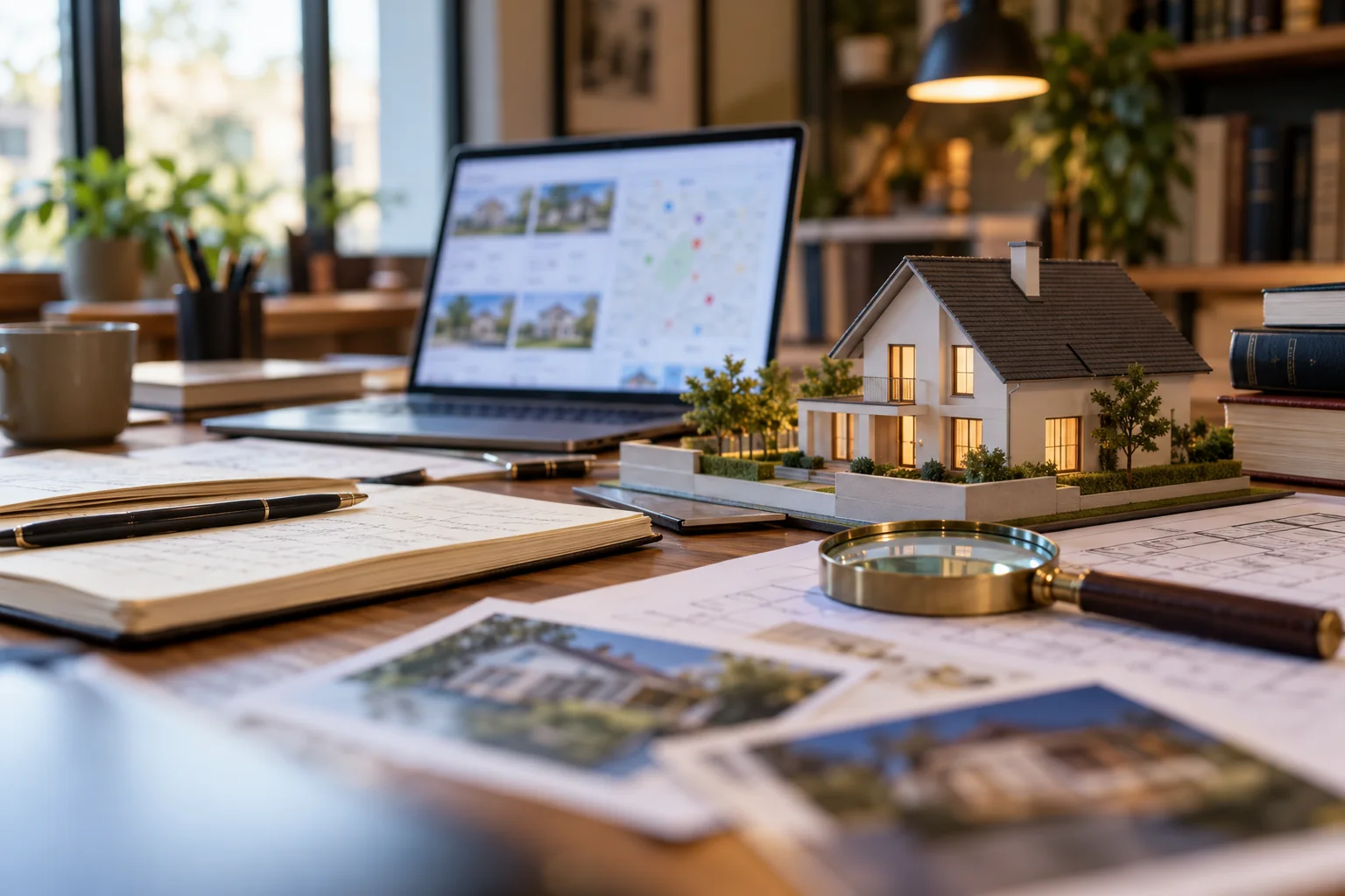 Un bureau de recherche rassemble plans, ordinateur et maquette de maison sans personne identifiable.