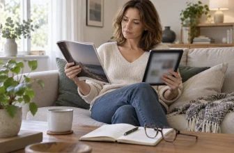 Une lectrice compare un magazine papier générique et une tablette dans son salon.