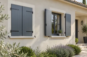 Des volets battants en aluminium génériques, ouverts et fermés, équipent une façade résidentielle neutre.