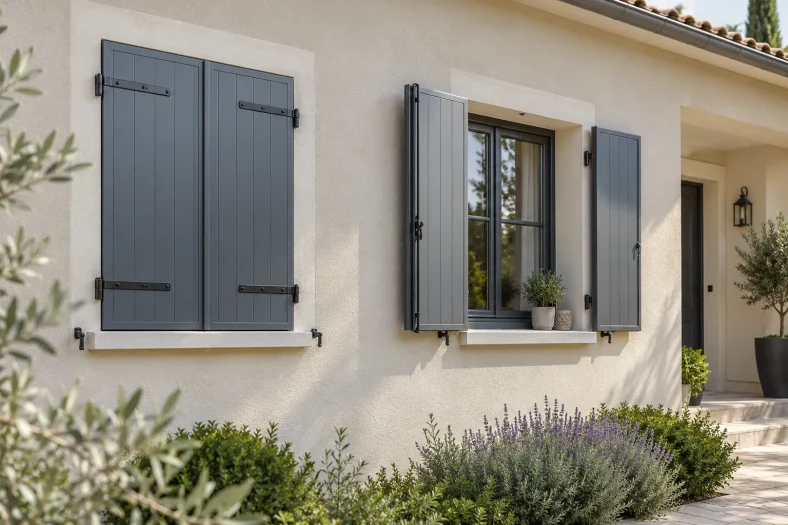 Des volets battants en aluminium génériques, ouverts et fermés, équipent une façade résidentielle neutre.