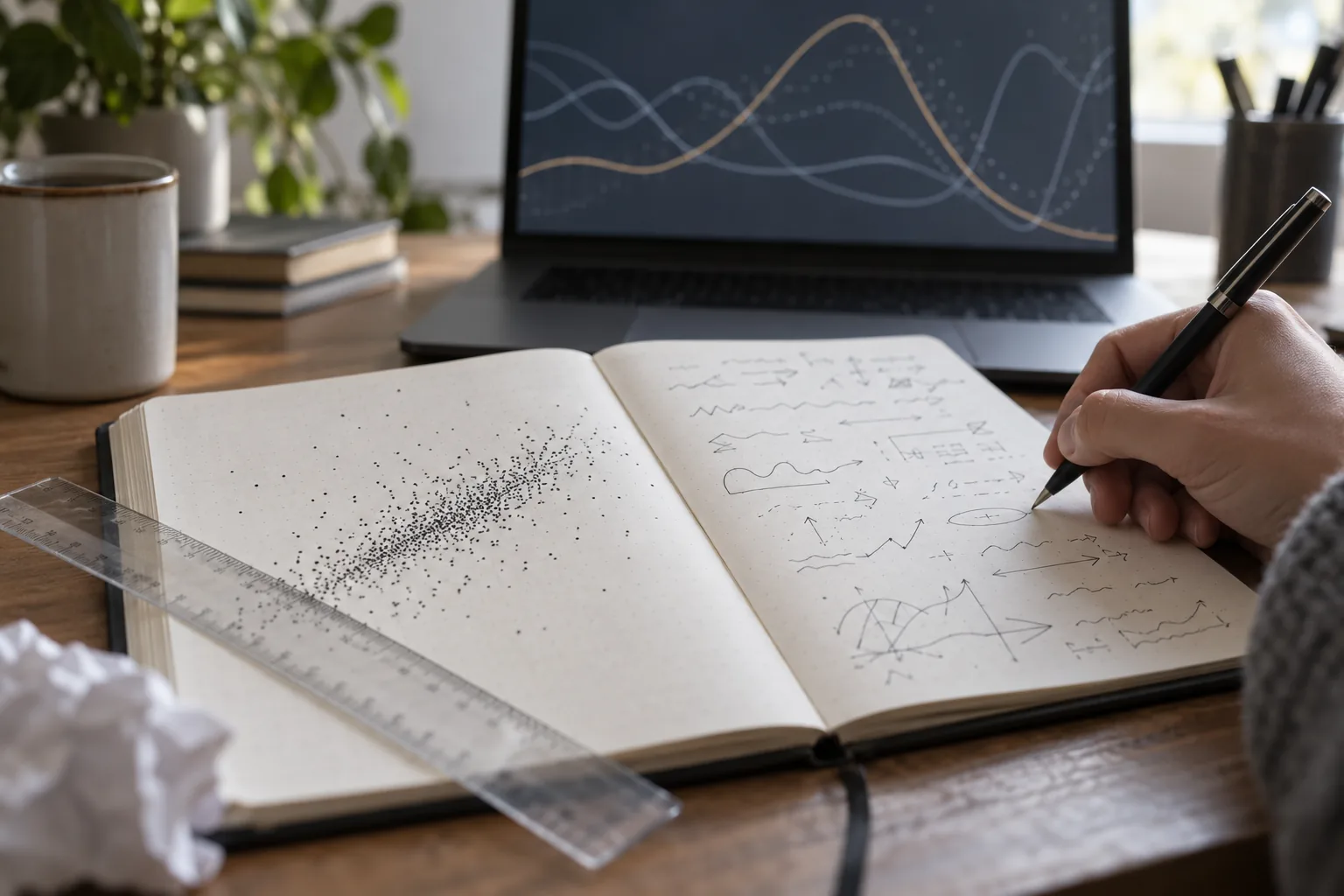 Une main annote un nuage de points abstrait près de courbes non chiffrées.