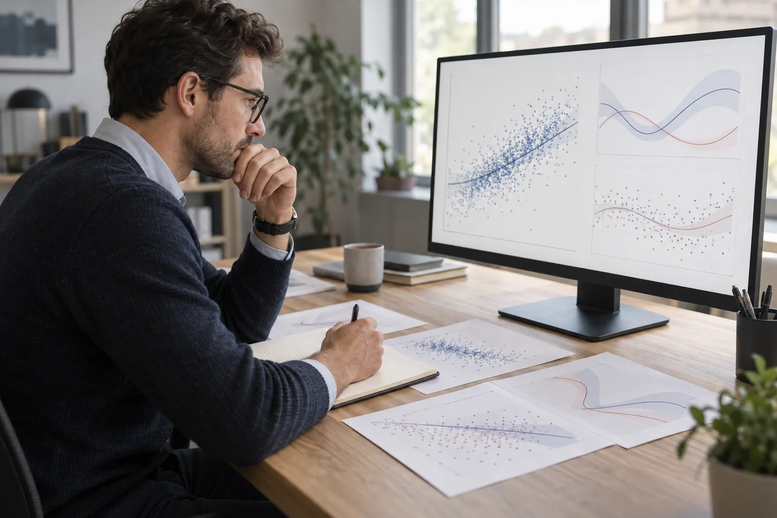 Un analyste examine des graphiques de corrélation abstraits dépourvus de chiffres lisibles.
