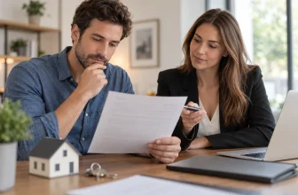 Un acheteur relit un compromis de vente générique avec une conseillère, près d’une maquette de maison.