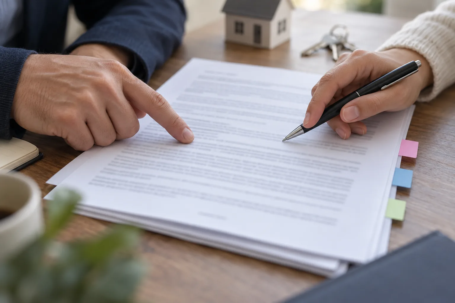 Deux mains suivent les clauses illisibles d’un compromis générique avec un stylo et des onglets neutres.