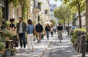 Une rue résidentielle française agréable et diverse évoque une ville moyenne sans lieu identifiable.