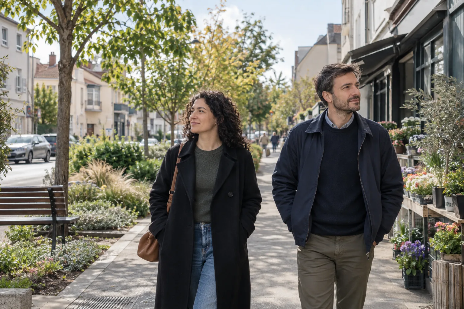 Deux adultes visitent à pied un quartier résidentiel français générique et arboré.