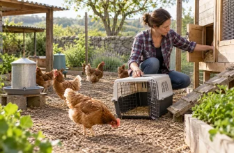 Une femme prépare un poulailler sécurisé pour accueillir plusieurs poules pondeuses.