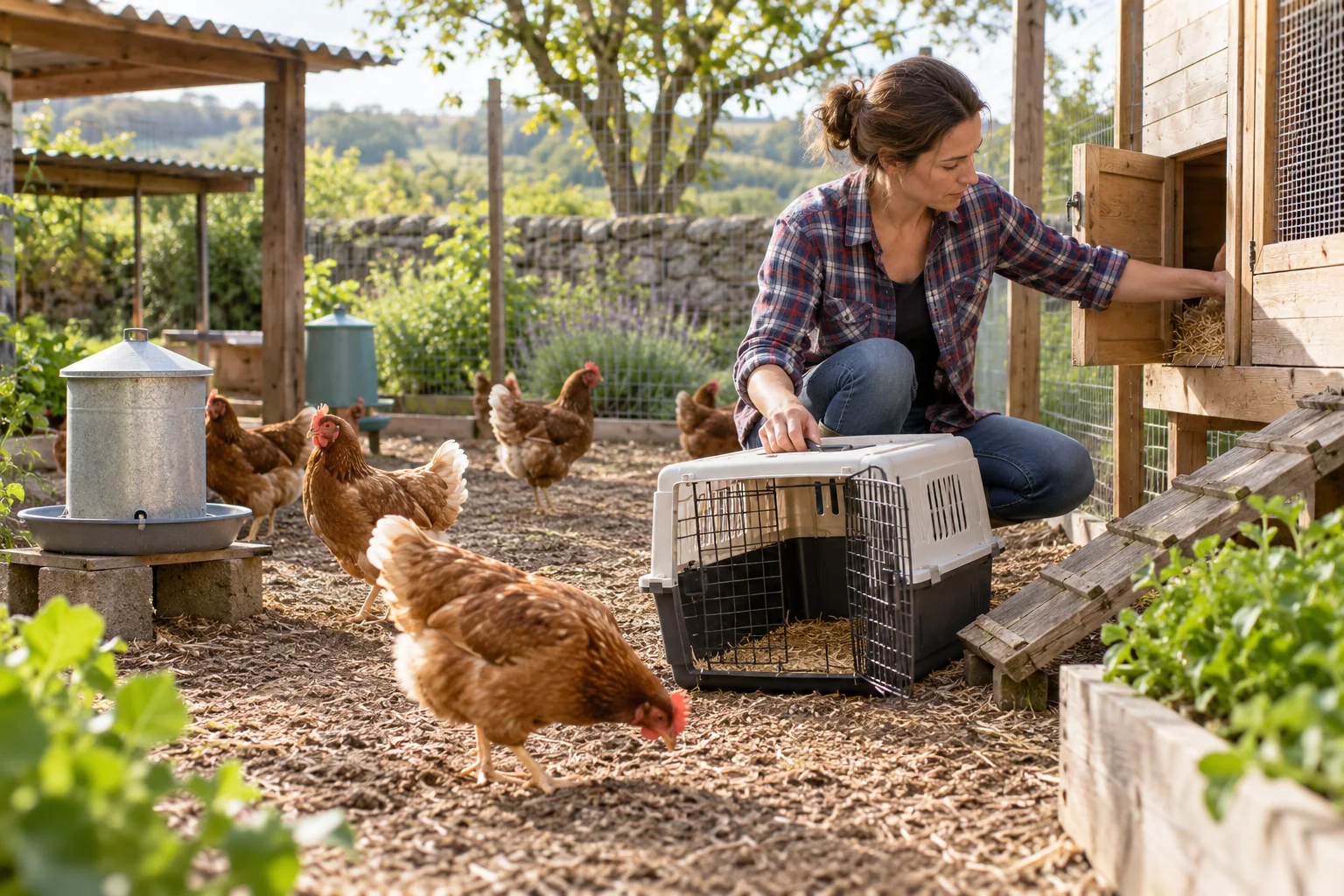 Une femme prépare un poulailler sécurisé pour accueillir plusieurs poules pondeuses.