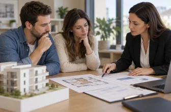 Un couple étudie un plan de financement immobilier avec une conseillère.