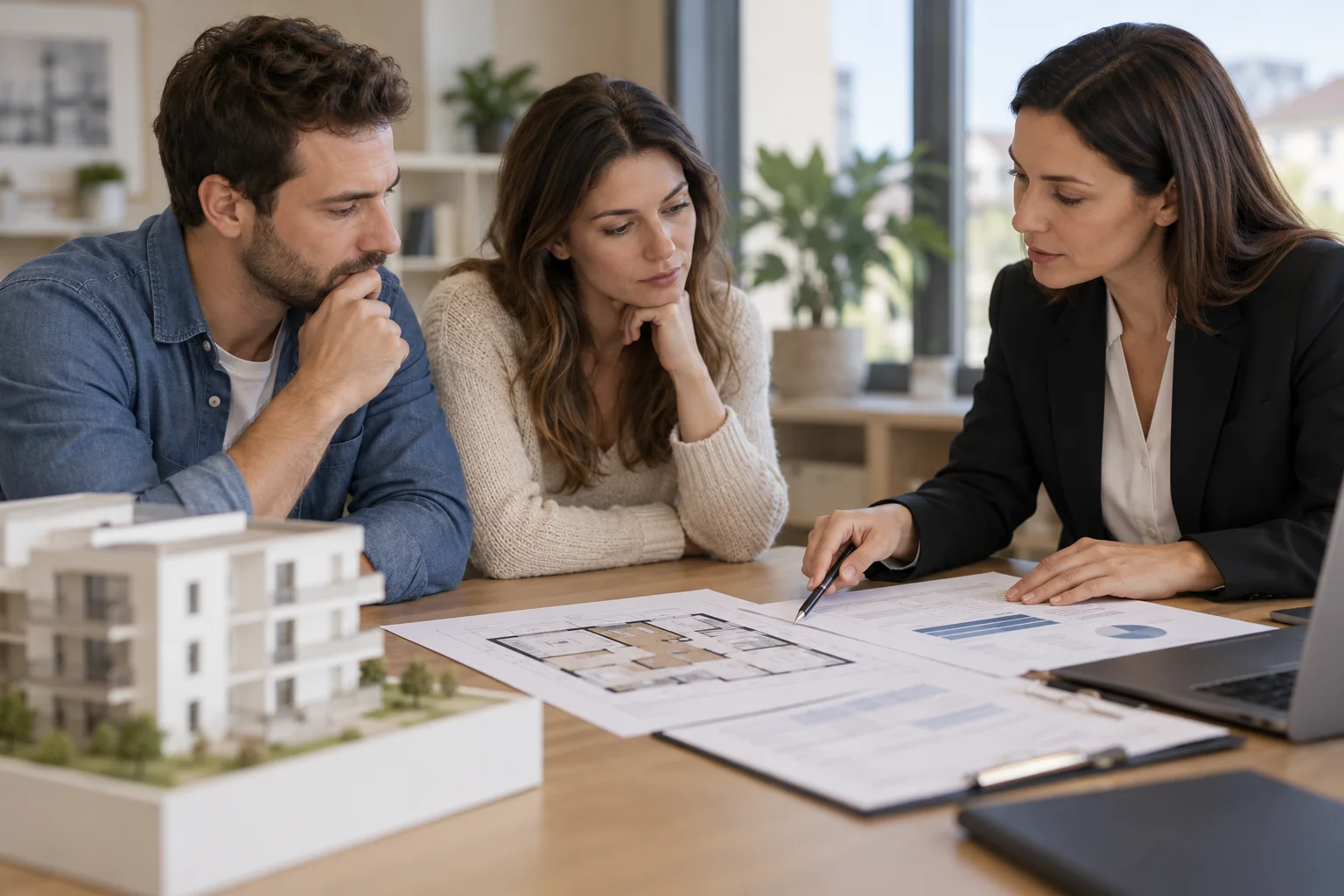 Un couple étudie un plan de financement immobilier avec une conseillÚre.
