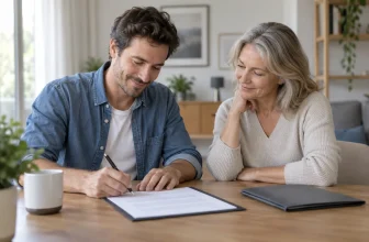 Deux adultes d’une même famille formalisent calmement un prêt sur un document générique.