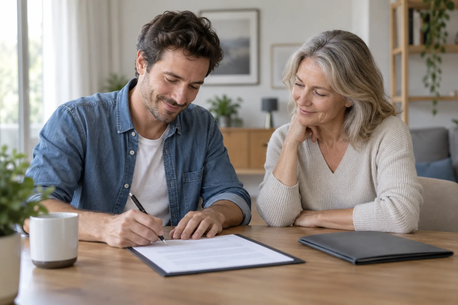 Deux adultes d’une même famille formalisent calmement un prêt sur un document générique.