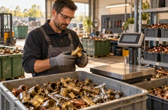 Un opérateur ganté trie des raccords en laiton près d’une balance dans un atelier de recyclage.