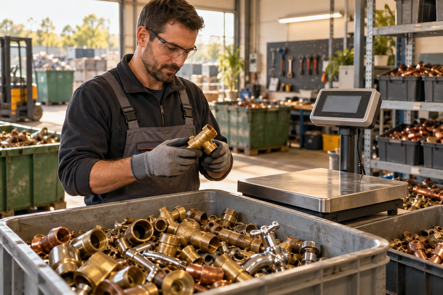 Un opérateur ganté trie des raccords en laiton près d’une balance dans un atelier de recyclage.
