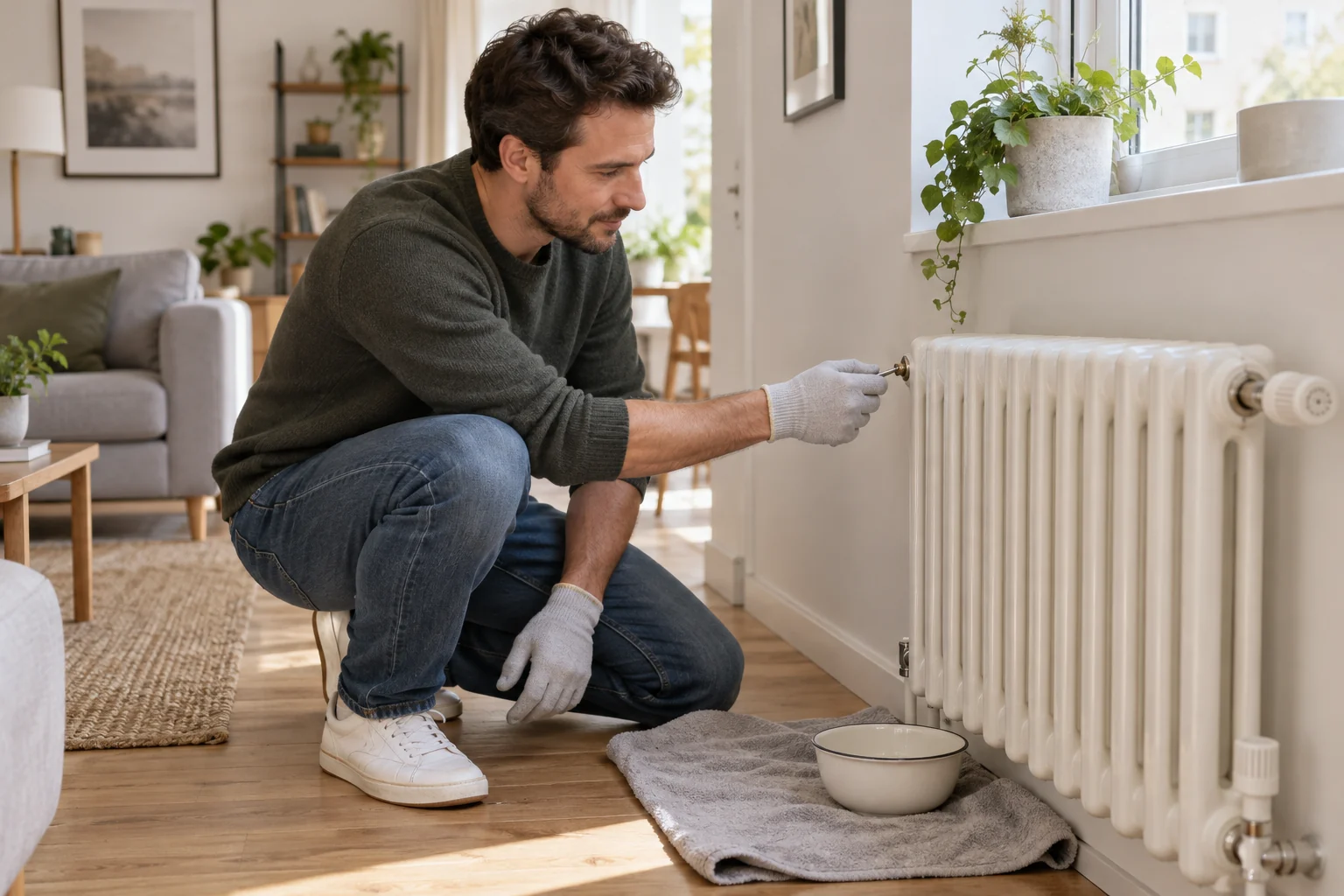 Un homme ganté prépare la purge d’un radiateur avec un récipient et une serviette de protection.