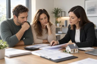 Un couple examine un dossier de prêt immobilier avec une conseillère et une maquette de maison.