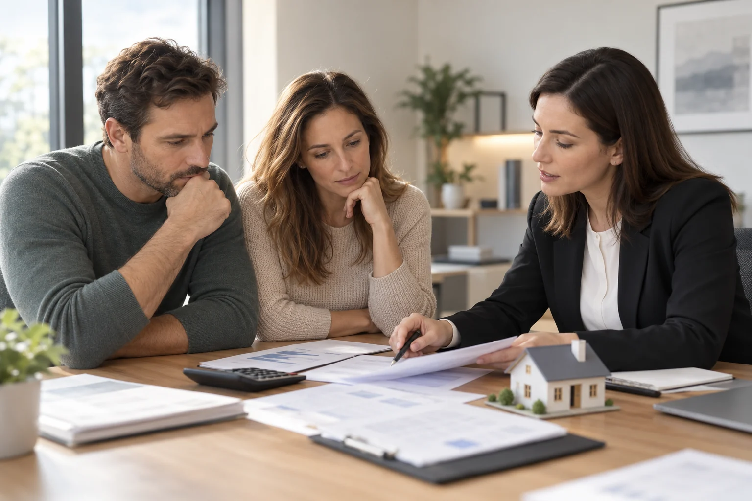 Un couple examine un dossier de prêt immobilier avec une conseillère et une maquette de maison.